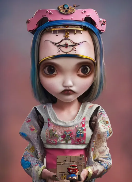 Image similar to closeup portrait of tin toy ninja girl trap, depth of field, zeiss lens, detailed, symmetrical, centered, fashion photoshoot, by nicoletta ceccoli, mark ryden, lostfish, breathtaking, 8 k resolution, extremely detailed, beautiful, establishing shot, artistic, hyperrealistic, octane render