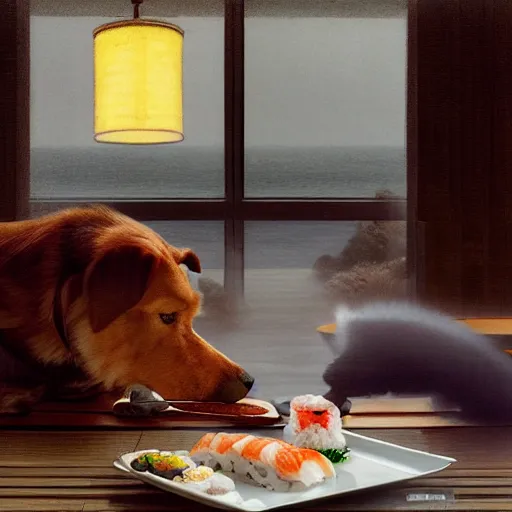 Image similar to a dog eating sushi at nobu, cottage core, cinematic focus, polaroid photo bleached vintage pastel colors high - key lighting, soft lights, foggy, by steve hanks, by lisa yuskavage, by serov valentin, by tarkovsky, 8 k render, detailed, oil on canvas