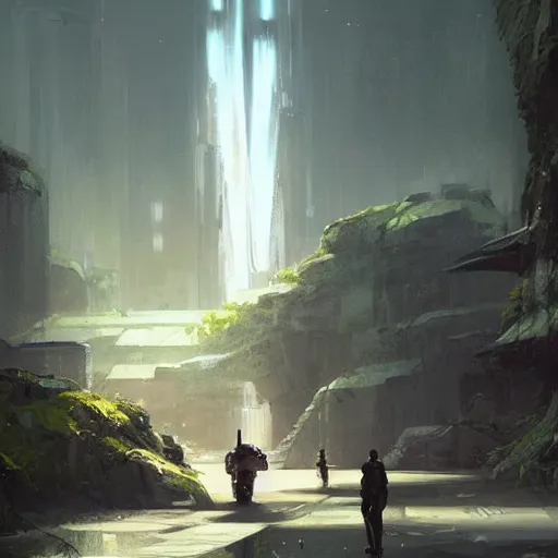 Image similar to star wars concept art by greg rutkowski, an urban landscape of buildings of ancient architecture, but huge and imposing in the middle of a temperate jungle, cinematic lighting, dawn light, nostalgic atmosphere.