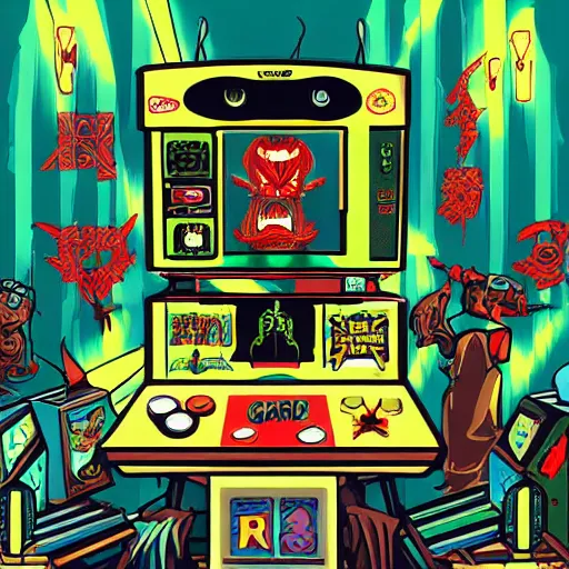 Prompt: grimey japanese retro arcade filled with satanic arcade cabinets, occult video games, 9 0's gaming, satanic portals, digital art, trending on art station