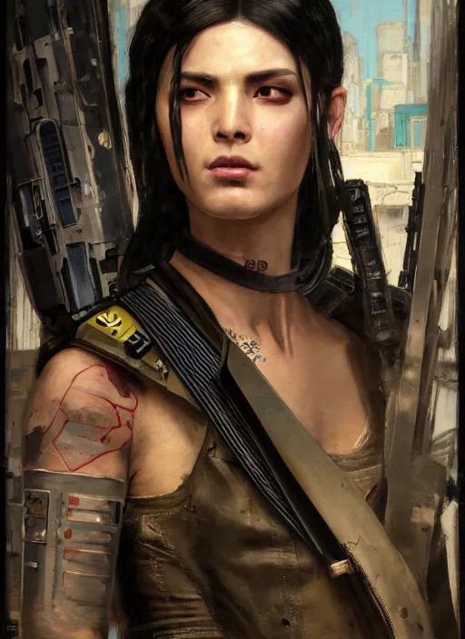 Image similar to Nikki. beautiful cyberpunk Samurai woman wearing a military vest and military jumpsuit (cyberpunk 2077, bladerunner 2049). gorgeous face. Iranian orientalist portrait by john william waterhouse and Edwin Longsden Long and Theodore Ralli and Nasreddine Dinet, oil on canvas. Cinematic, hyper realism, realistic proportions, dramatic lighting, high detail 4k