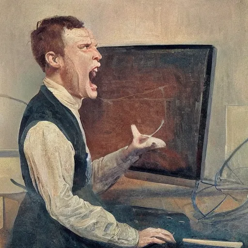 Image similar to an angry man yells at his computer monitor, oil on canvas, 1 8 8 3, highly detailed