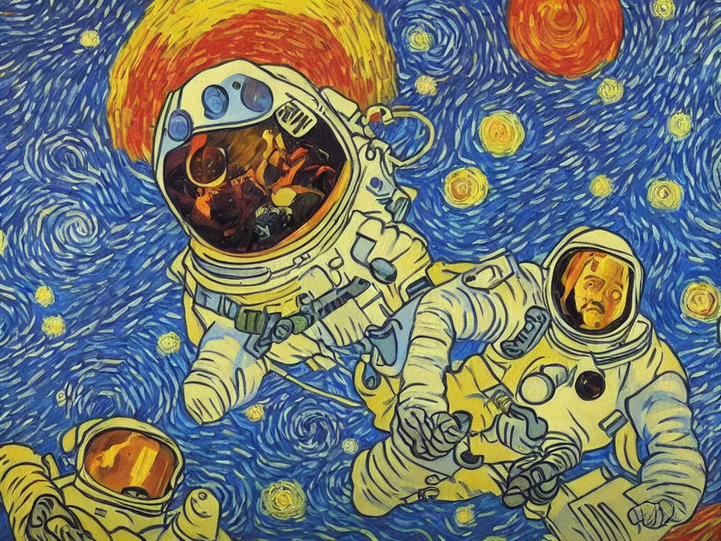 Prompt: bright beautiful oil painting of astronaut lands on a planet made of silly ghosts, light scatter, van gogh