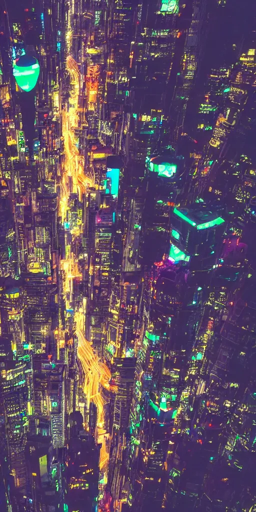 Image similar to cyberpunk city at night,drone shot, night clubs and neons, rain, girl under lantern