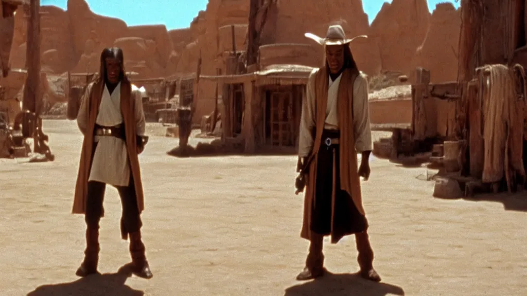 Prompt: Jar Jar Binks in a cowboy outfit, standing in a dusty old western town. Movie screenshot directed by Sergio Leone and Quentin Tarantino. Cinematic. 24mm lens, 35mm film, Fujifilm Reala, f8