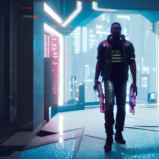 Prompt: still of david alaba in cyberpunk 2 0 7 7 lifting a white chair