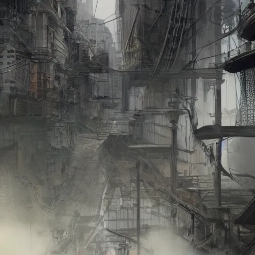 Image similar to raining dark smog wide angle shot machinery dieselpunk dystopia corrogated steel overhead walkway trending on artstation megalomaniac city