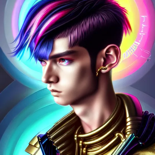 Image similar to hyperdetailed portrait of a stunningly beautiful cyberpunk cutie european boy with short dark hair guard made of iridescent metals and shiny pink gems, bright rainbow nimbus, gold necklace, gold background inspired by ross tran and masamune shirow and kuvshinov, intricate, photorealistic, octane render, rtx, hdr, unreal engine, dnd digital art by artgerm