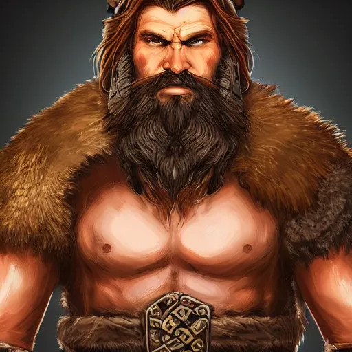 Prompt: Viking Barbarian with long brown beard, Short Brown Hair, Angry look in his face, Mid-30s , wearing a suit, D&D Character Head Portrait, Digital Art, Detailed, Trending on Artstation