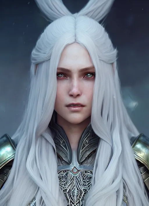 Image similar to light opal armor!!! long wild white hair!! covered chest!!! fantasy, d & d, intricate ornate details, symmetry, concept art, sharp focus, illustration, art by artgerm! greg rutkowski magali villeneuve wlop! ilya kuvshinov!!, octane render, unreal engine 5, highly rendered!!