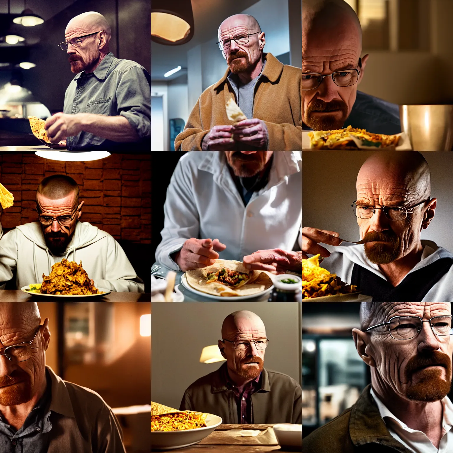 Prompt: Walter White eating a burrito, dramatic lighting, cinematic, 4k, sharp focus