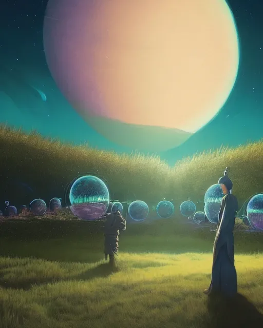 Image similar to highly detailed surreal vfx portrait of a futuristic mage in a rural farm with planets in background, stephen bliss, unreal engine, greg rutkowski, loish, rhads, beeple, makoto shinkai and lois van baarle, ilya kuvshinov, rossdraws, tom bagshaw, alphonse mucha, global illumination, detailed and intricate environment