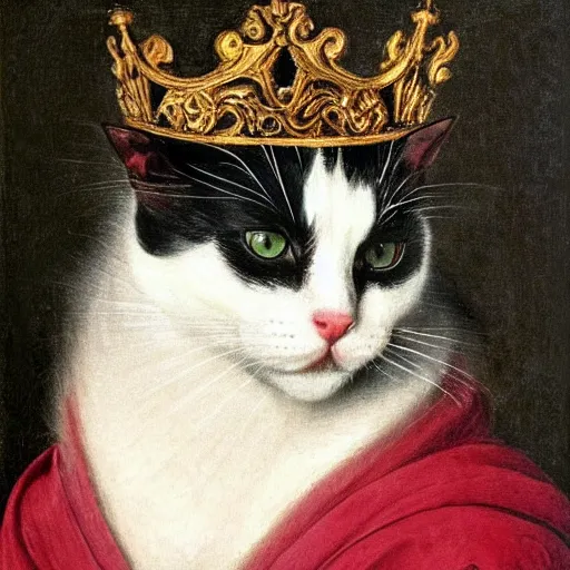 Image similar to renaissance portrait of a black and white cat wearing a crown, in the style of eugene de blaas