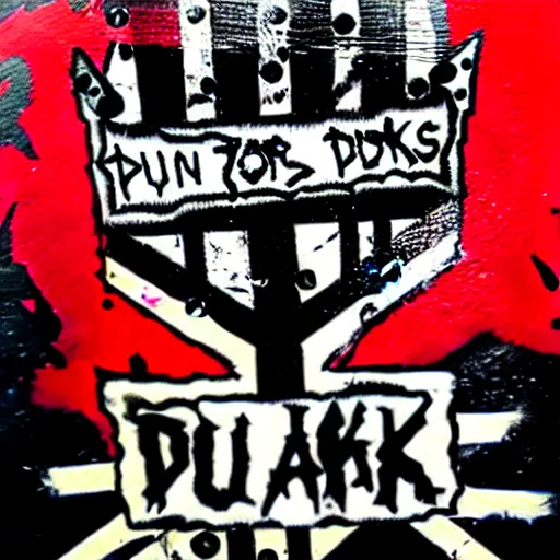 Image similar to painting on a badge, punks not dead!, exploited!!, clash, junk yard, rats!!, god save the queen, punk rock album cover art style, grunge, no future