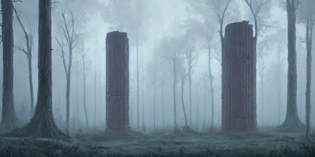 Image similar to Monumental old ruins tower of a dark misty forest, overcast, sci-fi digital painting by Simon Stålenhag,