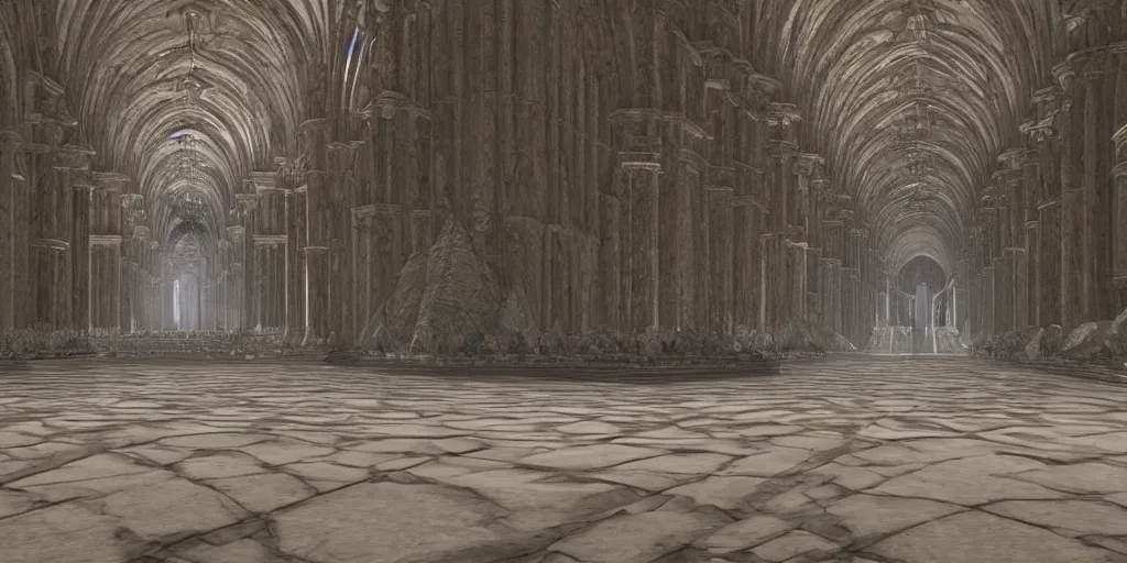 Image similar to the grand halls of anor londo, marble floors, art by kotaro chiba, volumetric lighting, epic composition