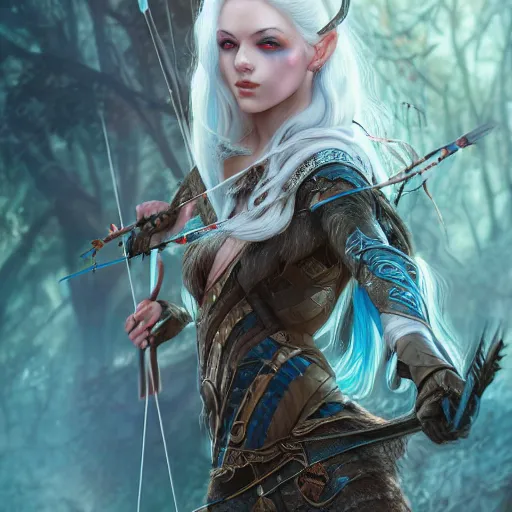 Image similar to detailed photo of elven archer girl, white hair, blue eyes, beautiful, 8 k, by tristan eaton, stanley artgermm, tom bagshaw, greg rutkowski, carne griffiths, trending on deviantart, hyper detailed, glorious lighting, epic environment