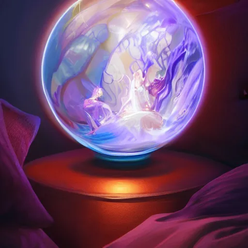 Prompt: a crystal ball placed on a pillow while glowing spirits swirl around it, made by stanley artgerm lau, wlop, rossdraws, artstation, cgsociety, concept art, cgsociety, octane render, trending on artstation, artstationhd, artstationhq, unreal engine, 4 k, 8 k,