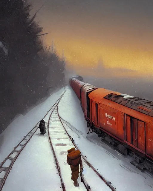 Prompt: a highly detailed epic cinematic concept art CG render digital painting artwork: Railroad in snowy landscape of Siberia and worker in orange west. By Greg Rutkowski, in the style of Francis Bacon and Syd Mead and Norman Rockwell and Beksinski, open ceiling, highly detailed, painted by Francis Bacon and Edward Hopper, painted by James Gilleard, surrealism, airbrush, Ilya Kuvshinov, WLOP, Stanley Artgerm, very coherent, triadic color scheme, art by Takato Yamamoto and James Jean