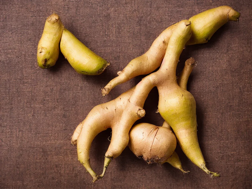 Prompt: still life, hyper detailed image of a ginger root leaning against a perfect lime, on a wooden table, studio lighting, sigma 55mm f/8