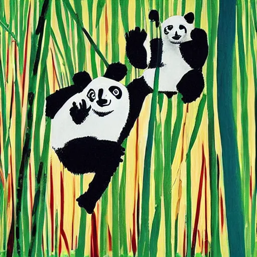 Prompt: “ panda bears playing in a bamboo forest painted by basquiat, highly detailed, theatrical lighting, vivid colors, cinematic ”