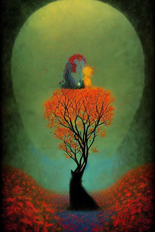 Image similar to surreal, fantasy, fairytale animals, flowerpunk, mysterious, vivid autumn colors, by andy kehoe