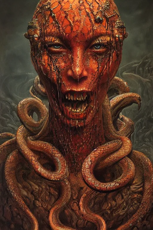Prompt: a hiper intricate oil portrait of a snake godess of death, drip painting, skuls excelent composition, wide shot, by zdzislaw beksinski, intricate, horror atmosphere, unreal engine 5 highly rendered, global illumination