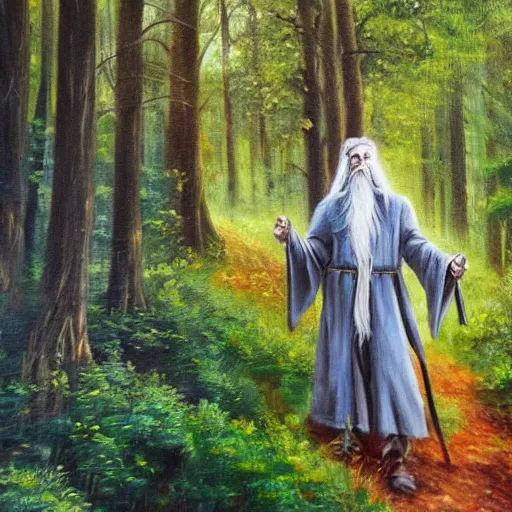 Prompt: Gandalf travelling trough the forest, oil painting, colorful, very detailed