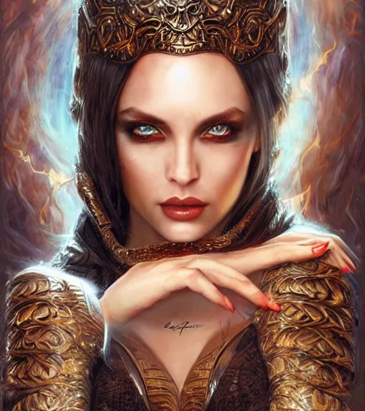 Image similar to a higly detailed full body shot portrait painting of a female sorceress with piercing beautiful eyes, dynamic lighting, ambient lighting, deviantart, art by artgerm and karol bak and mark brooks