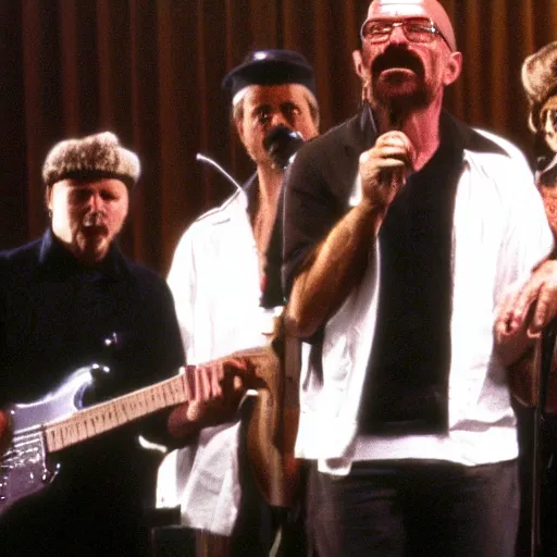 Image similar to A photo of Walter White performing with a 1970s funk band