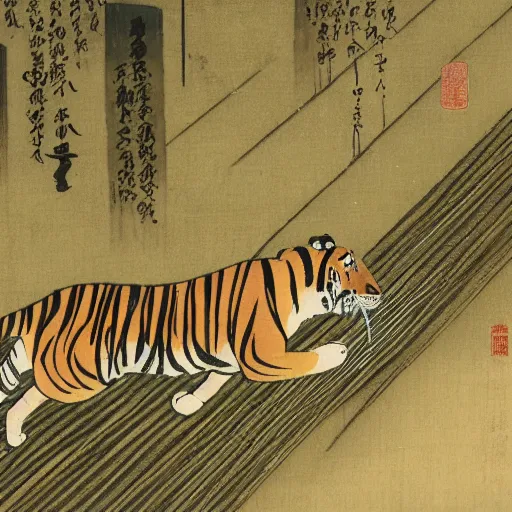 Prompt: tiger running on the blade in the night rainy bamboo grove, japanese painting circa 1 6 0 0