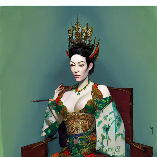 Image similar to Portrait of Stoya as a oriental queen on her throne in the forets, by Sergey Kolesov, trending on Artstation, 8k, masterpiece, graffiti paint, dishonored, fine detail, full of color, intricate detail