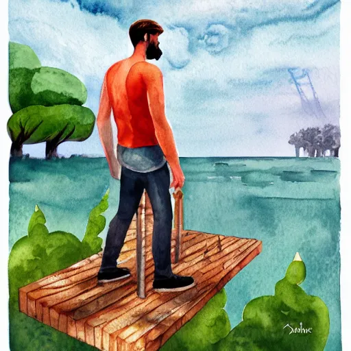 Prompt: digital illustration painting design style man standing on the pier against flyflies and big trees, watercolor ink painting, trending on artstation