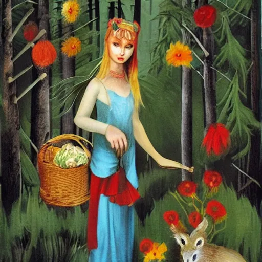 Prompt: In the print Vasilisa can be seen standing in the forest, surrounded by animals. She is holding a basket of flowers in one hand and a spindle in the other. Her face is turned towards the viewer, with a gentle expression. In the background, the forest is depicted as a dark and mysterious place. hollywood cerise, Monster Rancher by Hannah Hoch