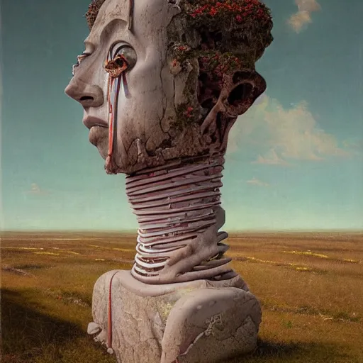 Image similar to whimsical chromatic hyperrealistic surrealism, clown, David Friedrich, award winning masterpiece with incredible details, Zhang Kechun, a surreal vaporwave vaporwave vaporwave vaporwave vaporwave painting by Thomas Cole of a gigantic broken mannequin head sculpture in ruins, astronaut lost in liminal space, highly detailed, trending on ArtStation