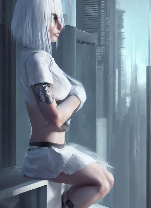 Prompt: white haired girl in a miniskirt sitting on a window, cyberpunk, digital art, expressive oil painting, highly detailed, trending on artstation, octane render, beautiful face