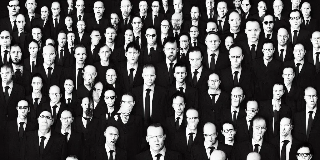 Image similar to Agent Smith, photo of a group, an album cover by David Gilmour Blythe, pinterest, bauhaus, tesseract, composition, national geographic photo, flemish baroque