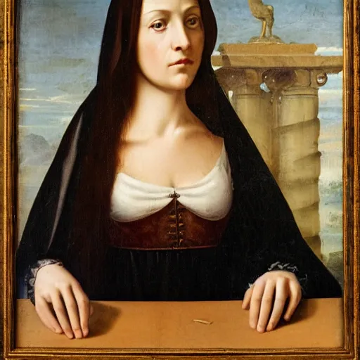 Image similar to Renaissance oil painting, creepy young lady, dark hair, typing computer keyboard staring at a giant computer screen on wall