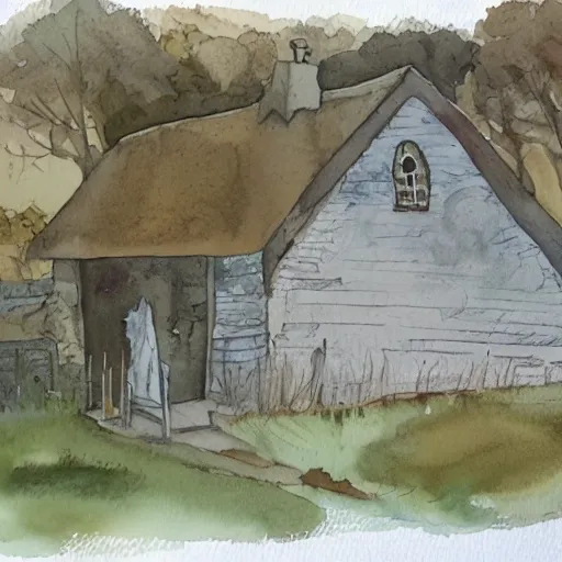 Image similar to a watercolor and ink painting of a cottage, drawn on white parchment paper, vibe, atmosphere, detailed, muted colors