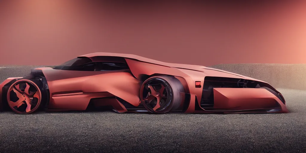 Prompt: a design of a futuristic race car, lifted off-road tires, designed by Polestar and DMC, vaporwave sunrise background, brushed red copper car paint, black windows, dark show room, dramatic lighting, hyper realistic render, depth of field
