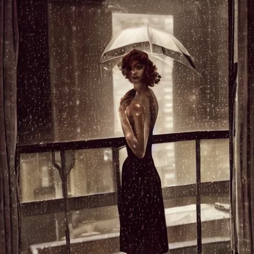 Image similar to a woman, moment, 1 9 3 0 s decopunk penthouse balcony, rain and smoke, tech noir, wet skin, atmospheric, ambient, rupert everton, alexis flower, livia prima,