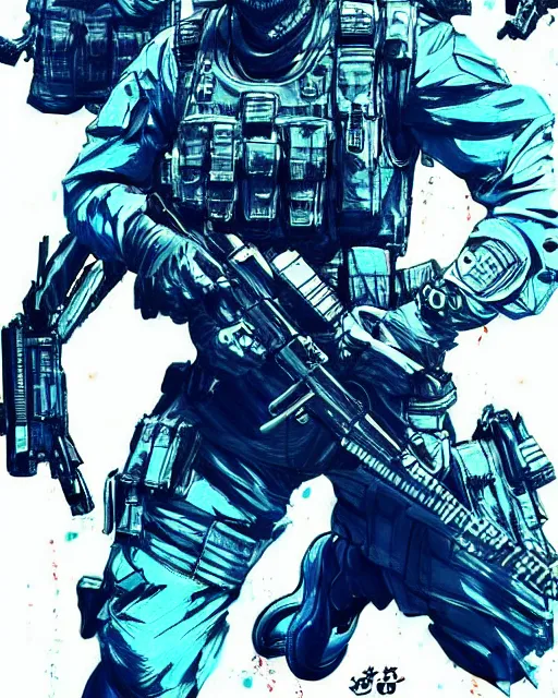 Image similar to portrait of a special ops swat officer, blue color splash, concept art, sumi - e style, intricate linework, artstation, trending, highly detailed, smooth, focus, art by yoji shinkawa,