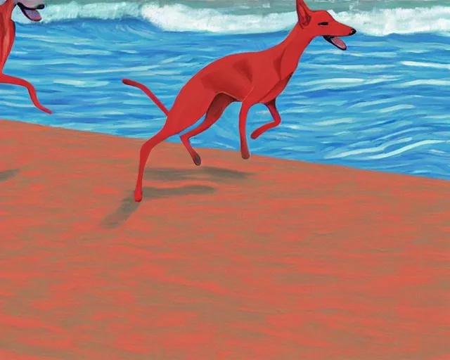 Image similar to close-up of a whippet running at beach, painting by david hockney, highly detailed