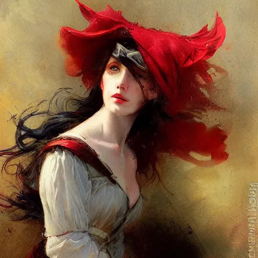 Prompt: Jean-Baptiste Monge and Solomon Joseph Solomon and Richard Schmid and Jeremy Lipking victorian genre painting portrait painting of a young beautiful woman marverl DC comic book character fantasy costume, red background