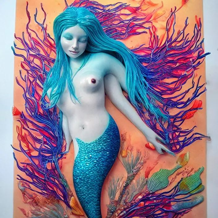 Image similar to a beautiful mermaid underwater, brightly coloured fish, coral and seaweed, hyper - realistic, mystic, detailed