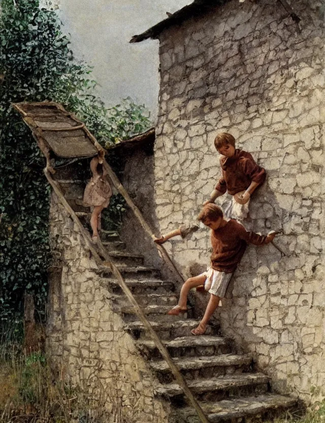 Image similar to peasant boy climbing stairs to the roof of a country house, cottage core, cinematic focus, polaroid photo bleached vintage pastel colors high - key lighting, soft lights, foggy, by steve hanks, by lisa yuskavage, by serov valentin, by tarkovsky, detailed, oil on canvas