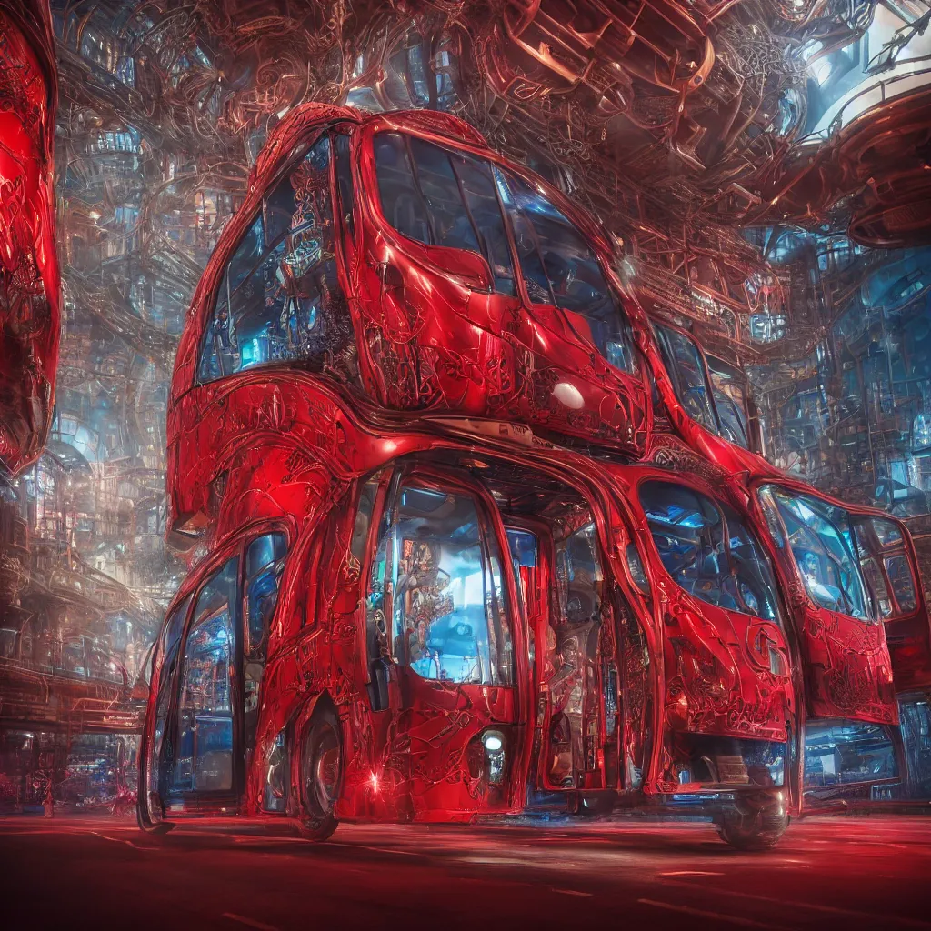 Image similar to mythical red organic biomechanical london bus. futuristic. blue blurry background. highly detailed, intricate steampunk ornate, poetic, 3 d render, digital art, octane render, 8 k artistic photography, photorealistic.