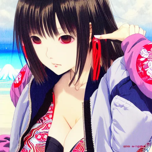 Image similar to a beautiful japanese lalisa alluring gravure model, wearing oversized designer bomber jacket and leotard, bulky poofy bomber jacket with mesoamerican patterns, mesoamerican native street fashion, gapmoe yandere grimdark, trending on pixiv fanbox, painted by greg rutkowski makoto shinkai takashi takeuchi studio ghibli, akihiko yoshida