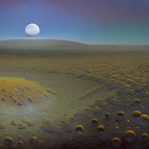 Image similar to a landscape on the moon with many craters, barren moon landscape, in a big crater at the center there is a beautiful flowering garden, 8 k, in the style of martin johnson heade and daniel merriam and roger dean,