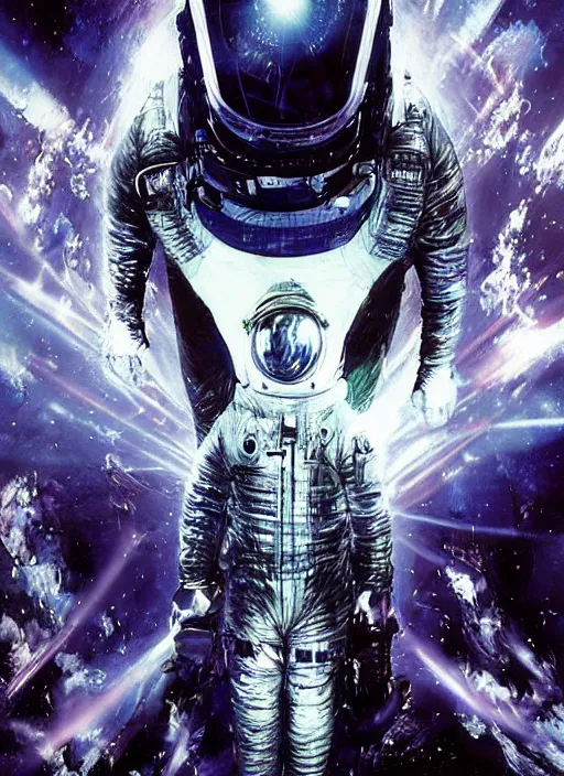 Image similar to astronauts in dark and empty void blue fire poster - complex and hyperdetailed technical suit. reflection and dispersion materials. rays and dispersion of light. volumetric light. 5 0 mm, f / 3 2. noise film photo. flash photography. ultra realistic, wide angle. poster by wayne barlowe, hajime sorayama aaron horkey, craig mullins